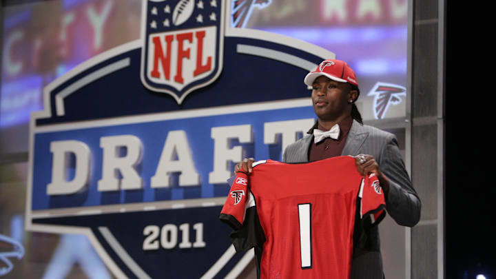 Apr 28, 2011; New York, NY, USA; Wide receiver Julio Jones (Alabama) is introduced as the number six overall pick to the Atlanta Falcons in the 2011 NFL Draft at Radio City Music Hall. Mandatory Credit: Jerry Lai-Imagn Images
