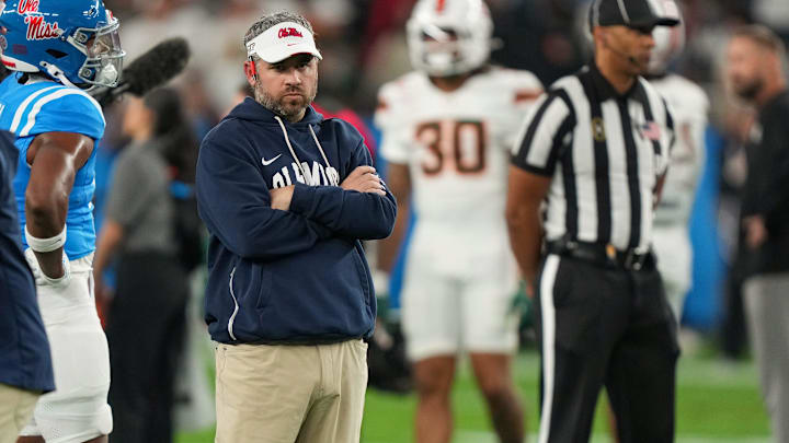 Ole Miss head coach Pete Golding stands on the field during warmups before the CFP Fiesta Bowl at the State Farm Stadium, in Glendale, Ariz., on Thursday, Jan. 8, 2026.