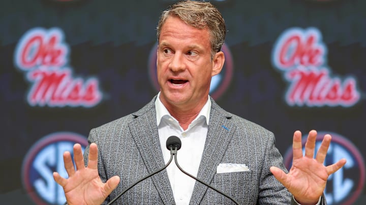 Jul 14, 2025; Atlanta, GA, USA; Ole Miss Rebels head coach Lane Kiffin speaks to the media during SEC Media Day at Omni Atlanta Hotel. Mandatory Credit: Jordan Godfree-Imagn Images