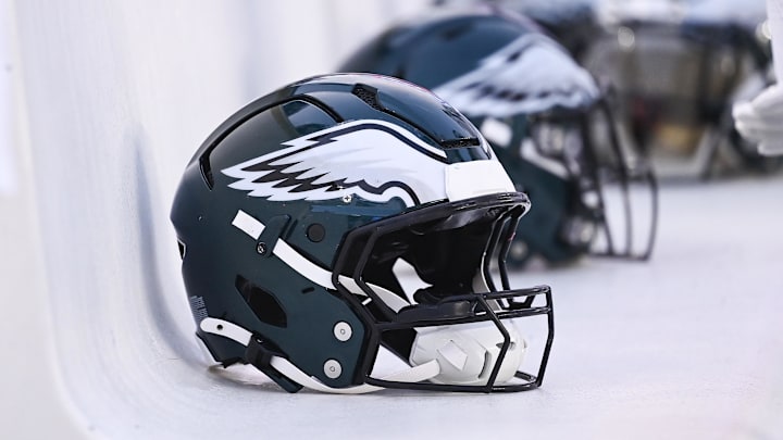 Aug 15, 2024; Foxborough, MA, USA; Philadelphia Eagles helmets sit on the bench during the first half against the New England Patriots at Gillette Stadium. Mandatory Credit: Eric Canha-Imagn Images
