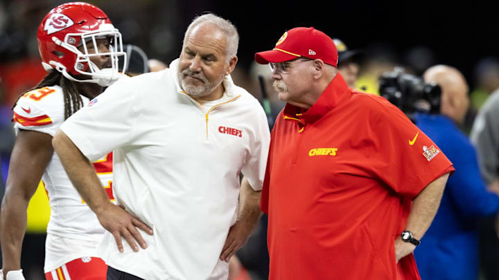 Feb 9, 2025; New Orleans, LA, USA;  Kansas City Chiefs special teams coordinator Dave Toub (left) with head coach Andy Reid against the Philadelphia Eagles in Super Bowl LIX at Ceasars Superdome. Mandatory Credit: Mark J. Rebilas-Imagn Images