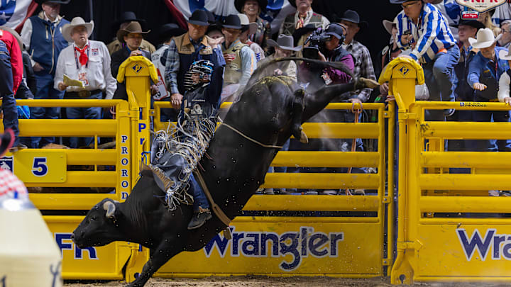 TJ Gray riding a bull at the 2025 NFR TJ Gray riding a bull at the 2025 NFR
