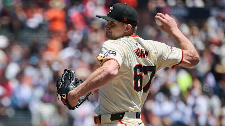 Jun 15, 2024; San Francisco, California, USA; San Francisco Giants starting pitcher Keaton Winn (67) throws a pitch against the Los Angeles Angels during the first inning at Oracle Park.