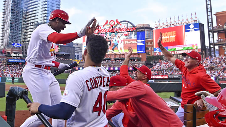 Jun 9, 2023; St. Louis, Missouri, USA; St. Louis Cardinals left fielder Jordan Walker (18) celebrates with catcher Willson Contreras (40) manager Oliver Marmol (37) and bench coach Joe McEwing (77) after hitting a two run home run against the Cincinnati Reds during the second inning at Busch Stadium. Mandatory Credit: Jeff Curry-Imagn Images Jun 9, 2023; St. Louis, Missouri, USA; St. Louis Cardinals left fielder Jordan Walker (18) celebrates with catcher Willson Contreras (40) manager Oliver Marmol (37) and bench coach Joe McEwing (77) after hitting a two run home run against the Cincinnati Reds during the second inning at Busch Stadium. Mandatory Credit: Jeff Curry-Imagn Images