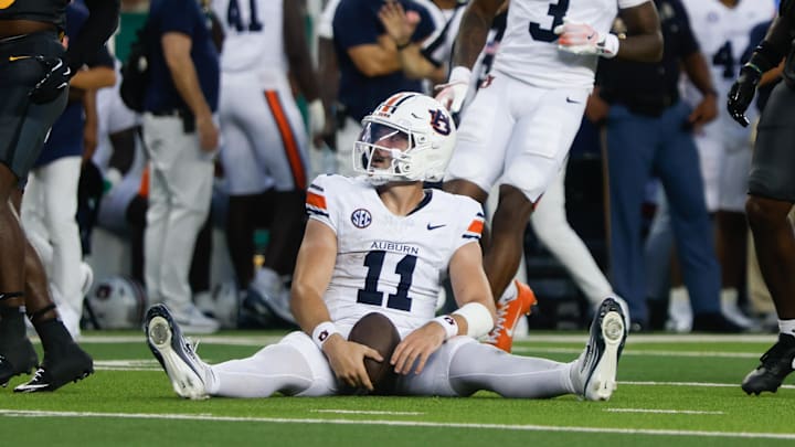 Aug 29, 2025; Waco, Texas, USA; Auburn Tigers quarterback Jackson Arnold (11) reacts after running the ball against the Baylor Bears during the first half at McLane Stadium. Mandatory Credit: Chris Jones-Imagn Images