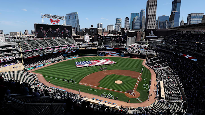 Jul 4, 2025; Minneapolis, Minnesota, USA; A general view of Target Field during the National Anthem prior to the game between the Minnesota Twins and the Tampa Bay Rays.