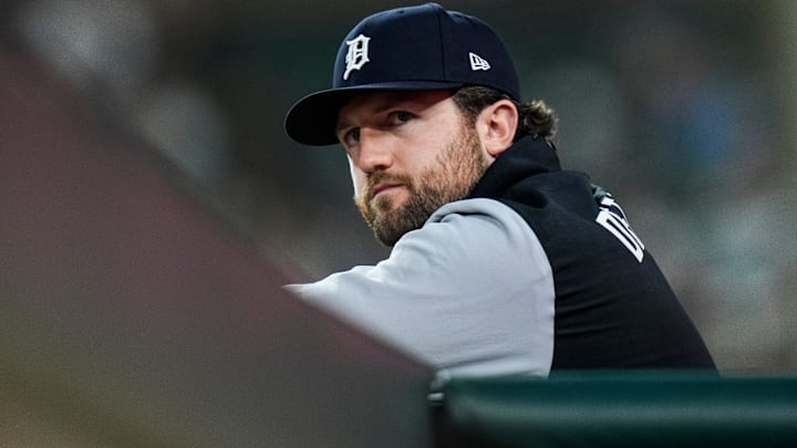 Detroit Tigers pitcher Casey Mize (12) watches a play against Kansas City Royals from the dugout during the sixth inning at Comerica Park in Detroit on Thursday, April 17, 2025.