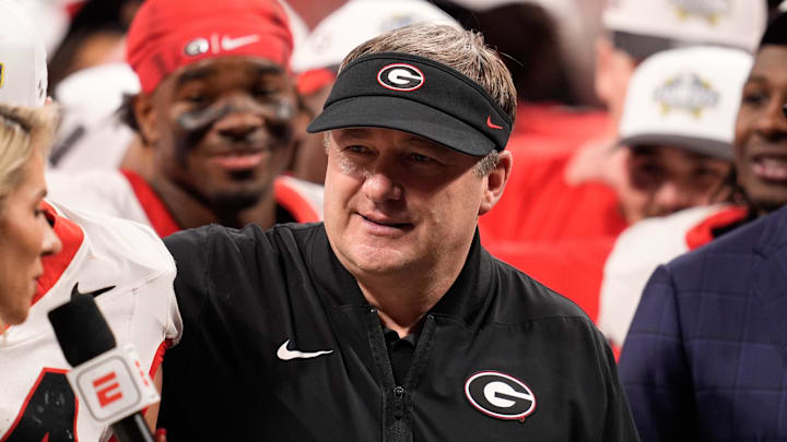Dec 6, 2025; Atlanta, GA, USA; Georgia Bulldogs head coach Kirby Smart looks on after the game against the Alabama Crimson Tide during the 2025 SEC Championship game at Mercedes-Benz Stadium. Mandatory Credit: Dale Zanine-Imagn Images