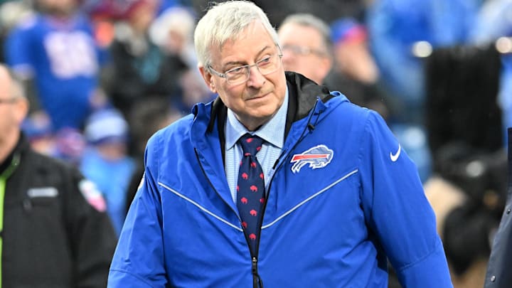 Buffalo Bills owner Terry Pegula walks with the team before a game against the New York Jets at Highmark Stadium.