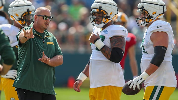 Packers offensive coordinator Adam Stenavich works with the team's linemen, something he's been very good at doing.