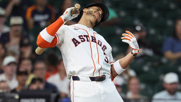 Houston Astros shortstop Jeremy Pena (3) reacts after being hit by a pitch.  Credit: Troy Taormina-Imagn Images