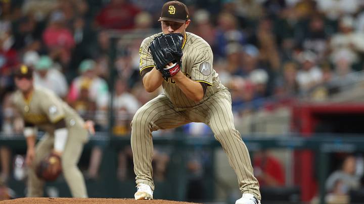 San Diego Padres pitcher Michael King (34) throws against the Arizona Diamondbacks in the first inning at Chase Field on Aug. 3, 2026. San Diego Padres pitcher Michael King (34) throws against the Arizona Diamondbacks in the first inning at Chase Field on Aug. 3, 2026.