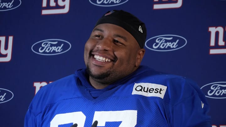 Nov 8, 2024; Munich, Germany; New York Giants defensive tackle Dexter Lawrence II (97) during press conference at the FC Bayern Munchen training grounds at Sabener Strasse.  Mandatory Credit: Kirby Lee-Imagn Images