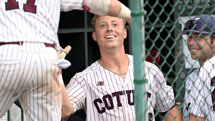 Ryan Galanie celebrates with his Cotuit Kettleers teammates in the Cape Cod League.