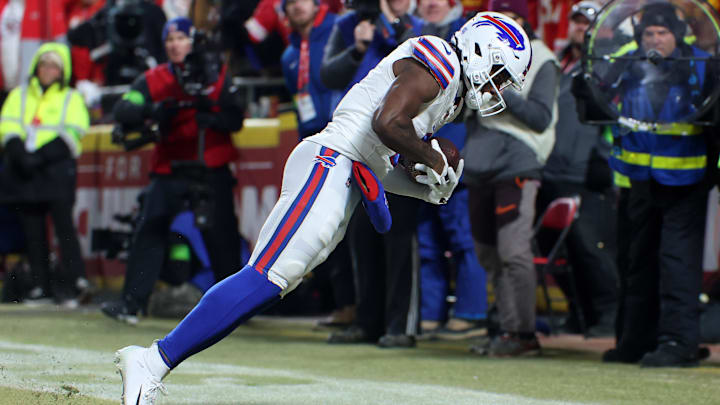 Jan 26, 2025; Kansas City, MO, USA; Buffalo Bills wide receiver Curtis Samuel (1) makes a touchdown catch against the Kansas City Chiefs during the second half in the AFC Championship Game