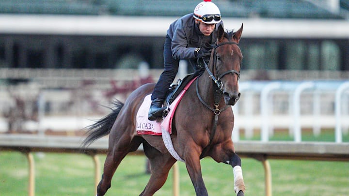 2025 Kentucky Oaks contender La Cara works with rider Kevin Dennis Monday morning April 28, 2025 at Churchill Downs in Louisville, Kentucky. Trainer is Mark Casse.