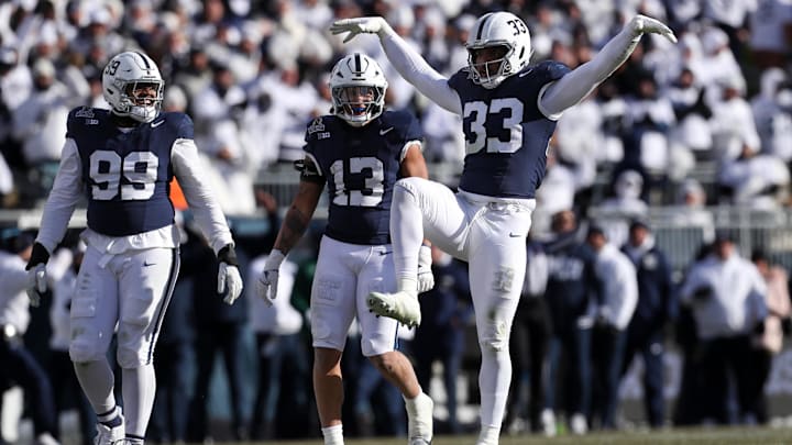Penn State Nittany Lions defensive end Dani Dennis-Sutton (33) reacts following a sack on Southern Methodist Mustangs quarterback Kevin Jennings during the second quarter in the first round of the College Football Playoff at Beaver Stadium. 