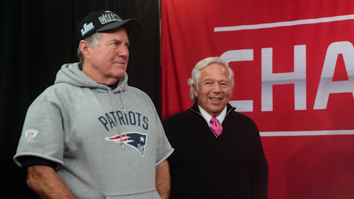 Jan 20, 2019; Kansas City, MO, USA; New England Patriots head coach Bill Belichick (left) and team owner Robert Kraft after defeating the Kansas City Chiefs in overtime of the AFC Championship game at Arrowhead Stadium. Mandatory Credit: Mark J. Rebilas-Imagn Images Jan 20, 2019; Kansas City, MO, USA; New England Patriots head coach Bill Belichick (left) and team owner Robert Kraft after defeating the Kansas City Chiefs in overtime of the AFC Championship game at Arrowhead Stadium. Mandatory Credit: Mark J. Rebilas-Imagn Images