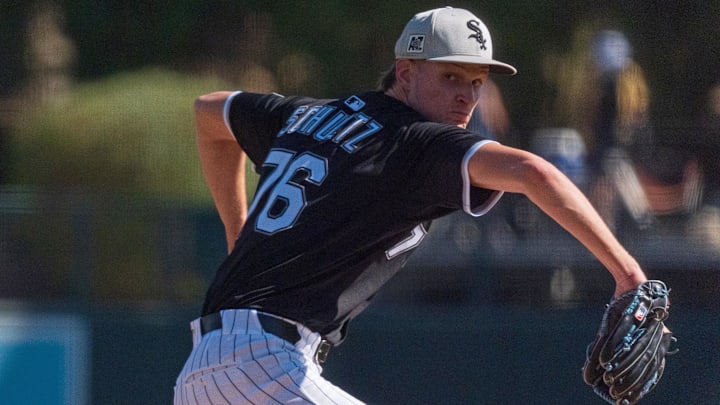 Chicago White Sox pitcher Noah Schultz (76) throws against the San Diego Padres in a spring training game at Camelback Ranch.