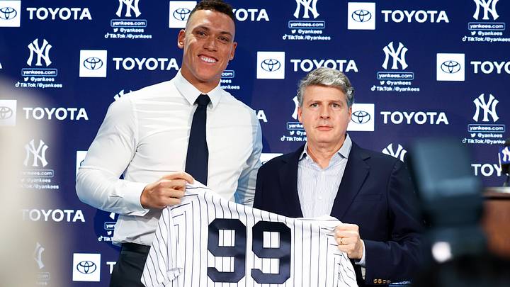Dec 21, 2022; Bronx, New York, USA; Aaron Judge poses with Hal Steinbrenner during a press conference at Yankee Stadium. Mandatory Credit: Jessica Alcheh-USA TODAY Sports Dec 21, 2022; Bronx, New York, USA; Aaron Judge poses with Hal Steinbrenner during a press conference at Yankee Stadium. Mandatory Credit: Jessica Alcheh-USA TODAY Sports