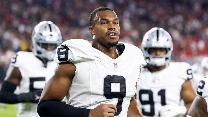 Aug 23, 2025; Glendale, Arizona, USA; Las Vegas Raiders defensive end Tyree Wilson (9) against the Arizona Cardinals during a preseason NFL game at State Farm Stadium. Mandatory Credit: Mark J. Rebilas-Imagn Images Aug 23, 2025; Glendale, Arizona, USA; Las Vegas Raiders defensive end Tyree Wilson (9) against the Arizona Cardinals during a preseason NFL game at State Farm Stadium. Mandatory Credit: Mark J. Rebilas-Imagn Images
