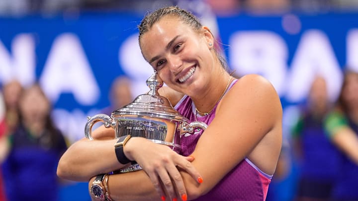 Aryna Sabalenka with the US Open Trophy after beating Jessica Pegula (USA) in the women's singles final on day thirteen of the 2024 U.S. Open tennis tournament at USTA Billie Jean King National Tennis Center.