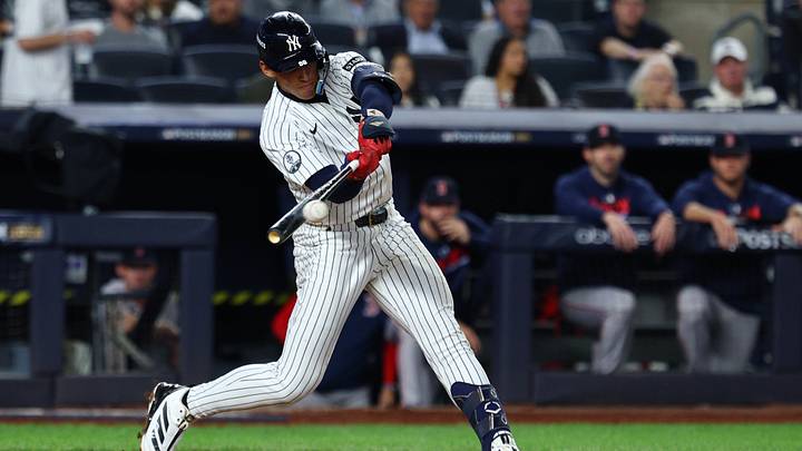 Sep 30, 2026; Bronx, New York, USA; New York Yankees shortstop George Lombard Jr. (96) singles in the sixth inning against the Boston Red Sox during game two of the Wild Card round in the 2026 MLB playoffs at Yankee Stadium. Mandatory Credit: Vincent Carchietta-Imagn Images