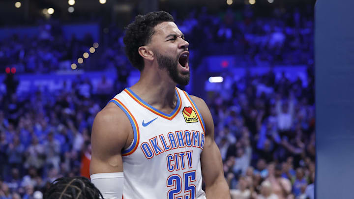 Oct 28, 2025; Oklahoma City, Oklahoma, USA; Oklahoma City Thunder guard Ajay Mitchell (25) celebrates after scoring against the Sacramento Kings during the second half at Paycom Center. Mandatory Credit: Alonzo Adams-Imagn Images