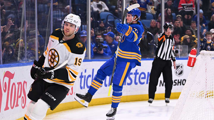 January 29th, 2025; Buffalo, New York, USA; Tage Thompson (72) celebrates one of his three goals against the Boston Bruins in 7-2 rout Tuesday night at the Keybank Center in Buffalo. 