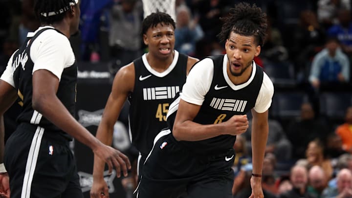 Feb 23, 2024; Memphis, Tennessee, USA; Memphis Grizzlies forward Ziaire Williams (8) reacts after a dunk during the second half against the Los Angeles Clippers at FedExForum. Mandatory Credit: Petre Thomas-USA TODAY Sports