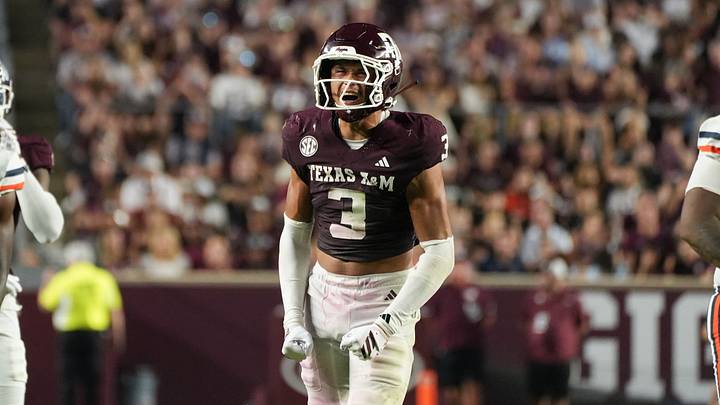 Texas A&M Aggies safety Marcus Ratcliffe celebrates during the second half against the UTSA Roadrunners at Kyle Field. Texas A&M Aggies safety Marcus Ratcliffe celebrates during the second half against the UTSA Roadrunners at Kyle Field.