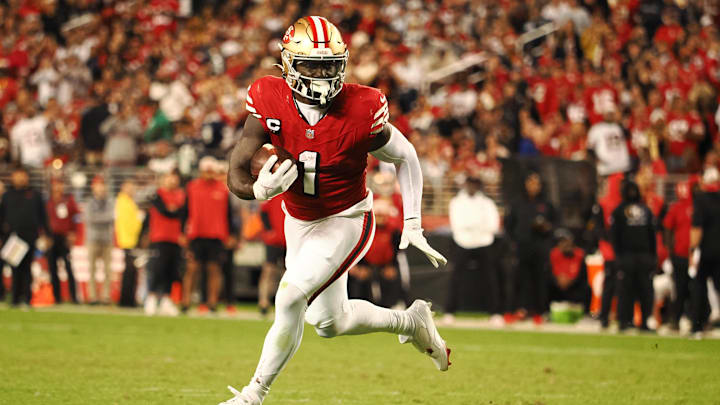 Oct 27, 2024; Santa Clara, California, USA; San Francisco 49ers wide receiver Deebo Samuel Sr (1) carries the ball against the Dallas Cowboys during the third quarter at Levi's Stadium. Mandatory Credit: Kelley L Cox-Imagn Images