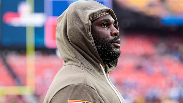 Detroit Lions defensive tackle DJ Reader warms up ahead of the Washington Commanders. Detroit Lions defensive tackle DJ Reader warms up ahead of the Washington Commanders.