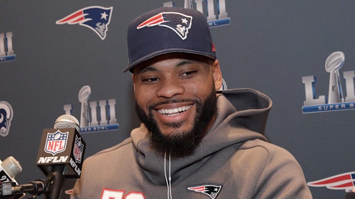 Jan 29, 2019; Atlanta, GA, USA; New England Patriots linebacker Elandon Roberts addresses the media during a press conference at the Hyatt Regency Atlanta.  Mandatory Credit: Kirby Lee-Imagn Images