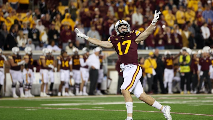 Oct 11, 2025; Minneapolis, Minnesota, USA; Minnesota Golden Gophers defensive back John Nestor (17) celebrates against the Purdue Boilermakers during the second half at Huntington Bank Stadium. Mandatory Credit: Matt Krohn-Imagn Images