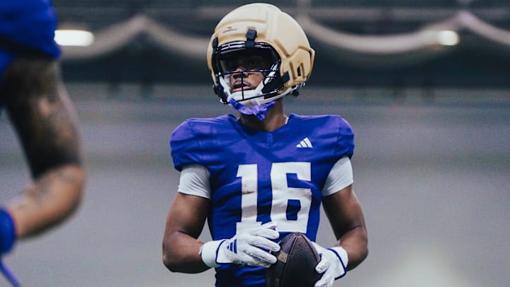 Justice Williams is shown at a UW practice in Dempsey Indoor. 