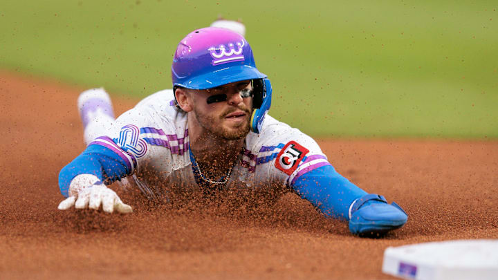Apr 10, 2026; Kansas City, Missouri, USA; Kansas City Royals shortstop Bobby Witt Jr. (7) dives into third base during the fourth inning against the Chicago White Sox at Kauffman Stadium. Mandatory Credit: William Purnell-Imagn Images Apr 10, 2026; Kansas City, Missouri, USA; Kansas City Royals shortstop Bobby Witt Jr. (7) dives into third base during the fourth inning against the Chicago White Sox at Kauffman Stadium. Mandatory Credit: William Purnell-Imagn Images