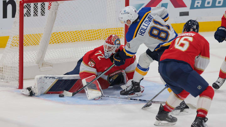 Dec 20, 2024; Sunrise, Florida, USA; Florida Panthers goaltender Sergei Bobrovsky (72) makes a save against St. Louis Blues center Dylan Holloway (81) during overtime at Amerant Bank Arena. Mandatory Credit: Sam Navarro-Imagn Images