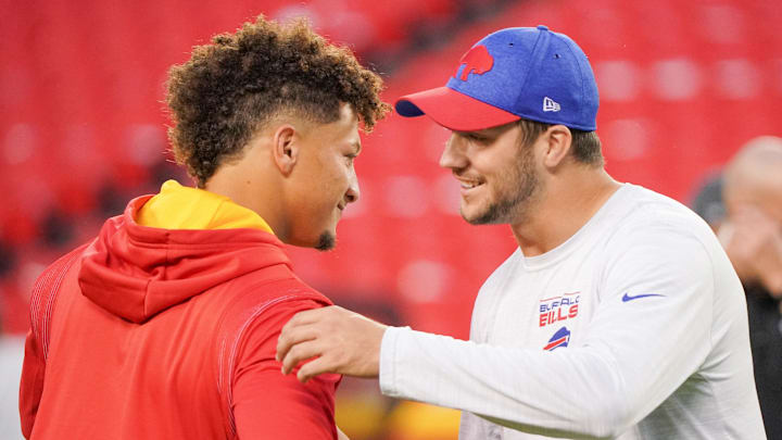 Oct 10, 2021; Kansas City, Missouri, USA; Kansas City Chiefs quarterback Patrick Mahomes (15) talks with Buffalo Bills quarterback Josh Allen (17) before warm ups at GEHA Field at Arrowhead Stadium. Mandatory Credit: Denny Medley-Imagn Images