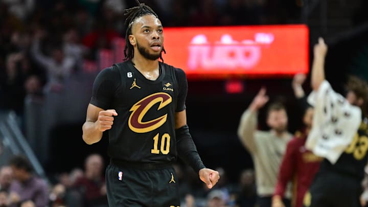 Jan 20, 2023; Cleveland, Ohio, USA; Cleveland Cavaliers guard Darius Garland (10) reacts after a three point basket during the second half against the Golden State Warriors at Rocket Mortgage FieldHouse. Mandatory Credit: Ken Blaze-Imagn Images
