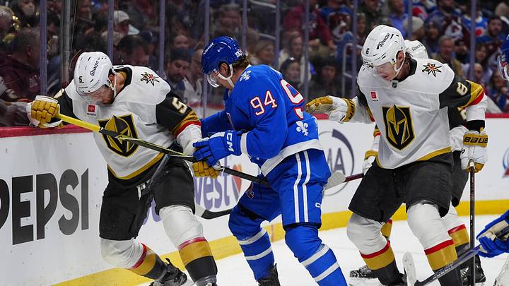 Apr 11, 2026; Denver, Colorado, USA; Vegas Golden Knights defenseman Jeremy Lauzon (5),Colorado Avalanche left wing Joel Kiviranta (94) and defenseman Kaedan Korczak (6) battle for the puck in the second period at Ball Arena. Mandatory Credit: Ron Chenoy-Imagn Images Apr 11, 2026; Denver, Colorado, USA; Vegas Golden Knights defenseman Jeremy Lauzon (5),Colorado Avalanche left wing Joel Kiviranta (94) and defenseman Kaedan Korczak (6) battle for the puck in the second period at Ball Arena. Mandatory Credit: Ron Chenoy-Imagn Images