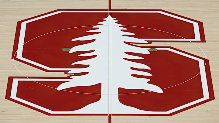 Feb 10, 2024; Stanford, California, USA; The Stanford Cardinal logo at center court before the game between the Stanford Cardinal and the USC Trojans at Maples Pavilion. Mandatory Credit: Robert Edwards-Imagn Images