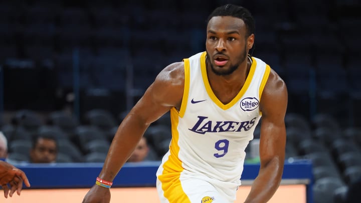Jul 10, 2024; San Francisco, CA, USA; Los Angeles Lakers guard Bronny James Jr. (9) on defense against the Miami Heat during the second quarter at Chase Center. Mandatory Credit: Kelley L Cox-USA TODAY Sports Jul 10, 2024; San Francisco, CA, USA; Los Angeles Lakers guard Bronny James Jr. (9) on defense against the Miami Heat during the second quarter at Chase Center. Mandatory Credit: Kelley L Cox-USA TODAY Sports