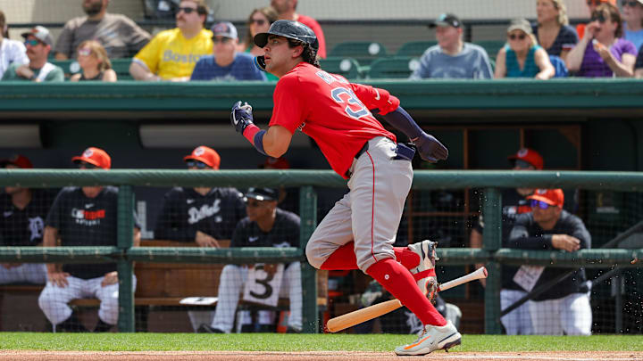 Lakeland, Florida, USA; Boston Red Sox third baseman Marcelo Mayer (39) watches his fly ball during the first inning against the Detroit Tigers at Publix Field at Joker Marchant Stadium.