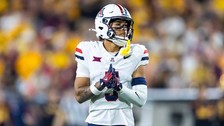 Nov 28, 2025; Tempe, Arizona, USA; Arizona Wildcats wide receiver Gio Richardson (5) against the Arizona State Sun Devils during the 99th Territorial Cup at Mountain America Stadium. Nov 28, 2025; Tempe, Arizona, USA; Arizona Wildcats wide receiver Gio Richardson (5) against the Arizona State Sun Devils during the 99th Territorial Cup at Mountain America Stadium.