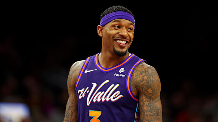 Jan 3, 2024; Phoenix, Arizona, USA; Phoenix Suns guard Bradley Beal (3) reacts during the third quarter against the LA Clippers at Footprint Center. Mandatory Credit: Mark J. Rebilas-Imagn Images Jan 3, 2024; Phoenix, Arizona, USA; Phoenix Suns guard Bradley Beal (3) reacts during the third quarter against the LA Clippers at Footprint Center. Mandatory Credit: Mark J. Rebilas-Imagn Images