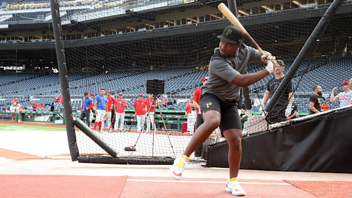 Pittsburgh Pirates No. 3 overall prospect Termarr Johnson takes batting practice before the Pirates host the Philadelphia Phillies at PNC Park. 