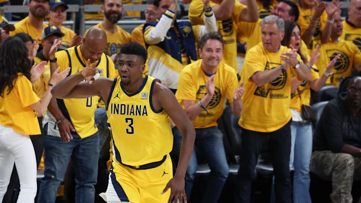 May 31, 2025; Indianapolis, Indiana, USA; Indiana Pacers center Thomas Bryant (3) celebrates after a three-point basket against the New York Knicks in the first quarter during game six of the eastern conference finals for the 2025 NBA Playoffs at Gainbridge Fieldhouse. Mandatory Credit: Trevor Ruszkowski-Imagn Images