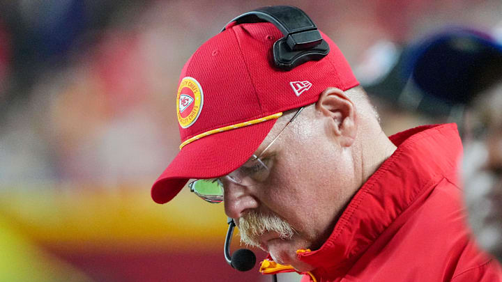 Sep 5, 2024; Kansas City, Missouri, USA; Kansas City Chiefs head coach Andy Reid on the sidelines against the Baltimore Ravens during the second half at GEHA Field at Arrowhead Stadium. Mandatory Credit: Denny Medley-Imagn Images