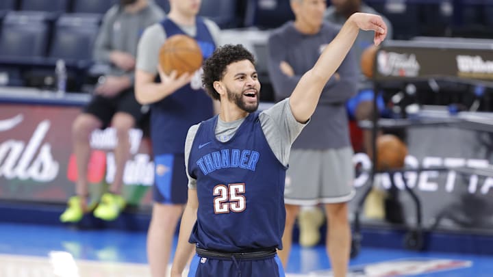 Jun 4, 2025; Oklahoma City, OK, USA; Oklahoma City Thunder guard Ajay Mitchell (25) during NBA Finals Media Day at Paycom Center. Mandatory Credit: Alonzo Adams-Imagn Images